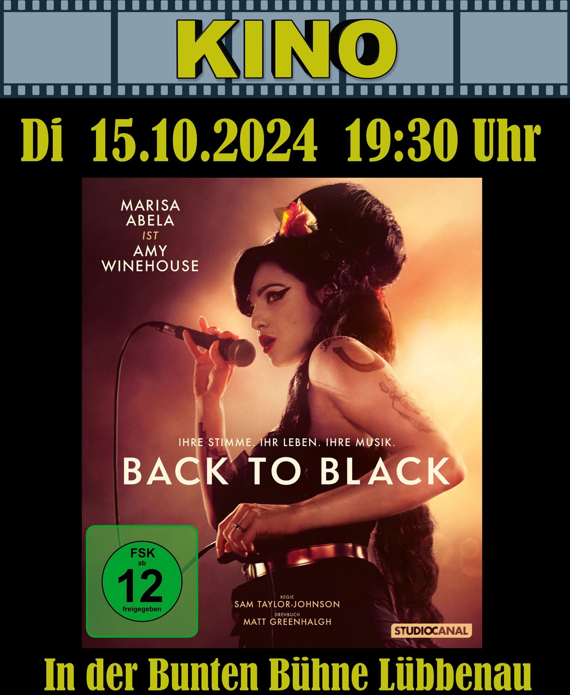 15.10 KINO in der Bunten Bühne: „Black to Black“  Ein Film von Sam Taylor-Johnson über Amy Winehouse